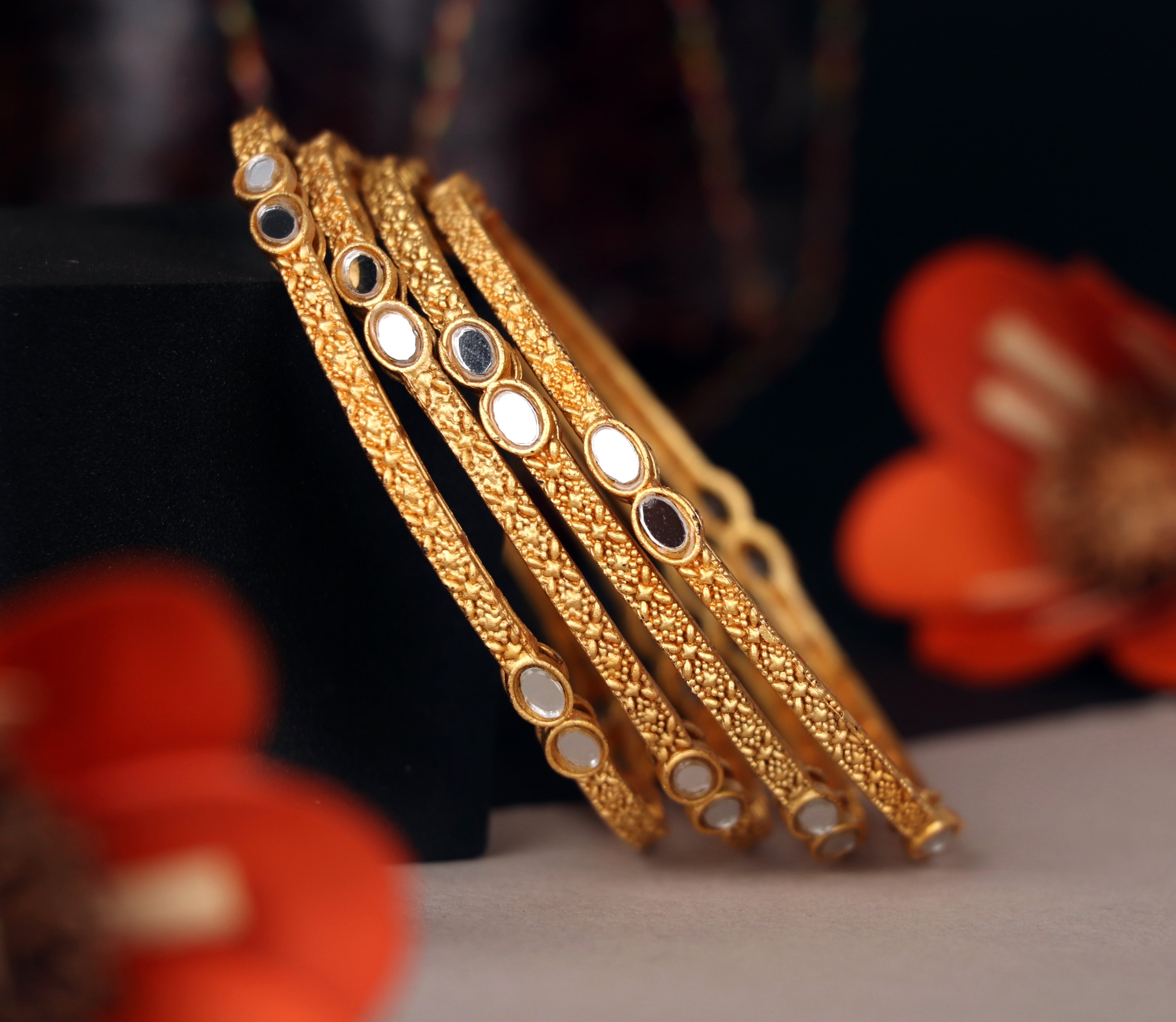 Antique Design Golden Color Metal Bracelet Gold-Plated Mirror Work | Traditional Bangles for Women & Girls - The Golden Cascade